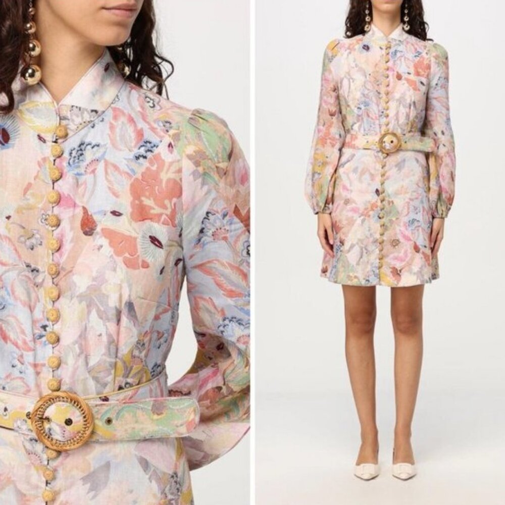 Zimmermann Illustration Buttoned Belted Floral Linen Mini Dress   size 0